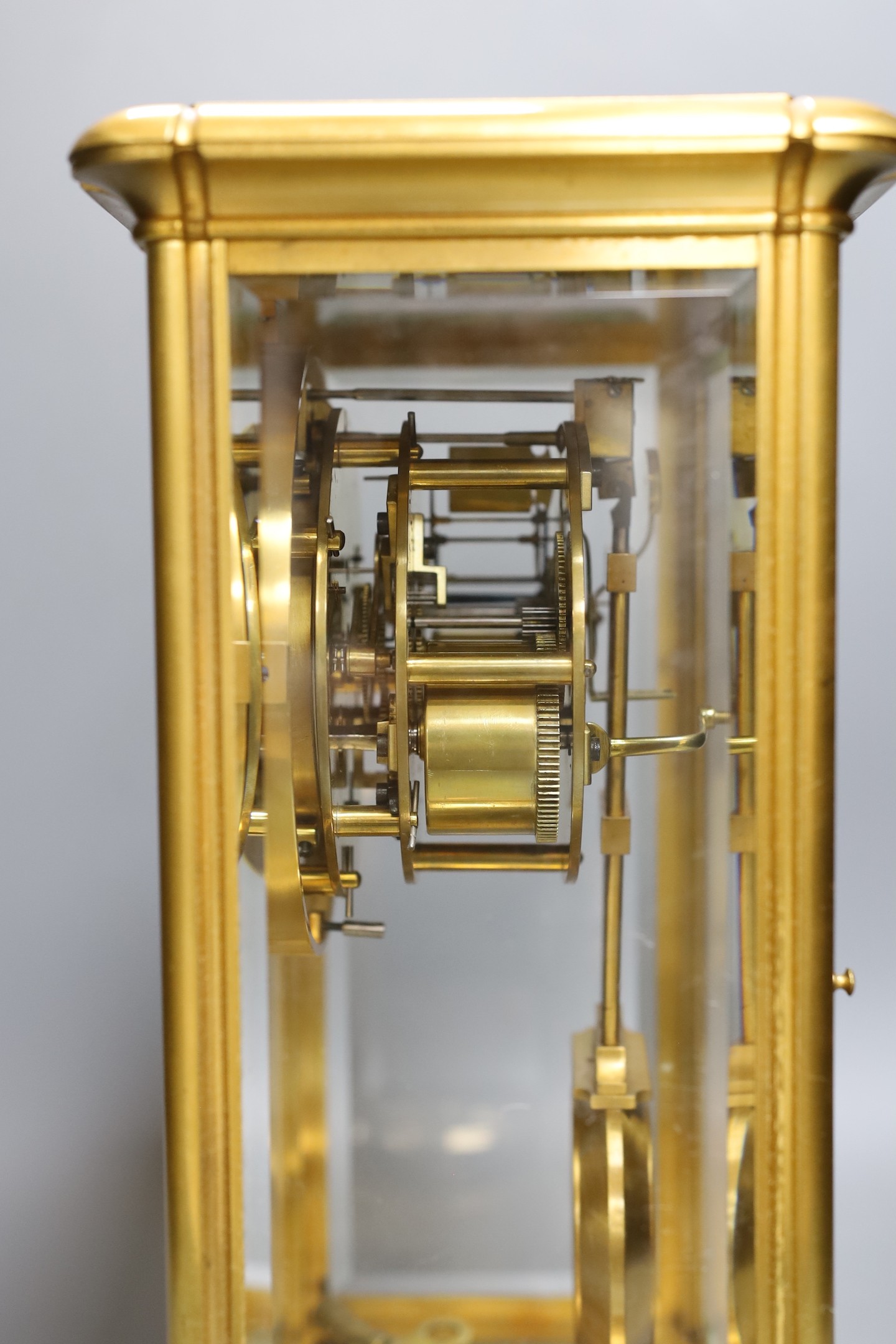 A large gilt framed four glass mantel clock by Le Roy & Fils of London. 36cm tall